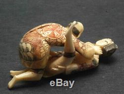 Pair Antique Erotic Signed Japanese Carved Netsuke Geisha Man Sexual 60mm