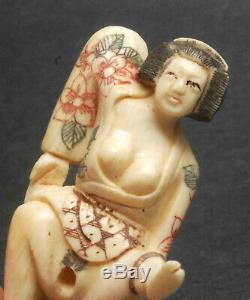 Pair Antique Erotic Signed Japanese Carved Netsuke Geisha Man Sexual 60mm