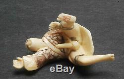 Pair Antique Erotic Signed Japanese Carved Netsuke Geisha Man Sexual 60mm