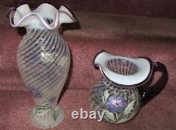 Pair Antique Fenton Fluted Clear & Frosted Swirl Vase w Pitcher Signed w Tags