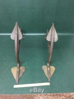 Pair Antique Folk Art American Hand Forged ANCHOR ANDIRONS Signed Taber