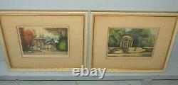 Pair Antique French Art Print Engraving Hand Colored Signed Beautiful Colors