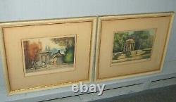 Pair Antique French Art Print Engraving Hand Colored Signed Beautiful Colors