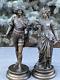 Pair Antique French Bronzed Spelter Renaissance Statues Minstrel Lady With Bird