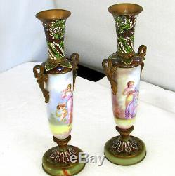 Pair Antique French Champlevé Bronze Hand Painted Enamel Porcelain Vases Signed