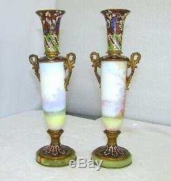 Pair Antique French Champlevé Bronze Hand Painted Enamel Porcelain Vases Signed