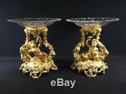 Pair Antique French Gilt Bronze SIGNED Picault Compotes Bacchus 19thC Putti