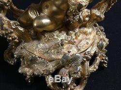 Pair Antique French Gilt Bronze SIGNED Picault Compotes Bacchus 19thC Putti