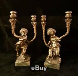 Pair Antique French Gilt Cherub & Satyr Candelabra Candle Holders Signed Clodion