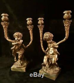 Pair Antique French Gilt Cherub & Satyr Candelabra Candle Holders Signed Clodion