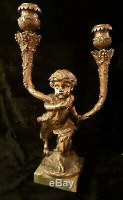 Pair Antique French Gilt Cherub & Satyr Candelabra Candle Holders Signed Clodion