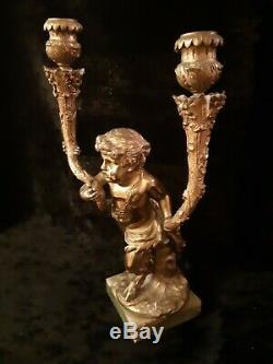 Pair Antique French Gilt Cherub & Satyr Candelabra Candle Holders Signed Clodion