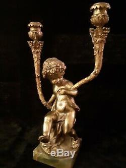 Pair Antique French Gilt Cherub & Satyr Candelabra Candle Holders Signed Clodion