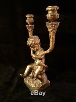 Pair Antique French Gilt Cherub & Satyr Candelabra Candle Holders Signed Clodion