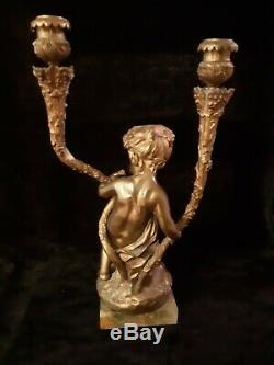 Pair Antique French Gilt Cherub & Satyr Candelabra Candle Holders Signed Clodion