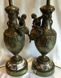 Pair Antique French Louis XV Rococo Figural Table Lamps Signed Moreau