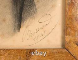 Pair Antique French Portrait Drawings, Signed by Artist Brossard c. 1848, 15.5