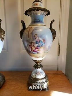 Pair Antique French Sevres Porcelain Urn Lamps Signed Magault
