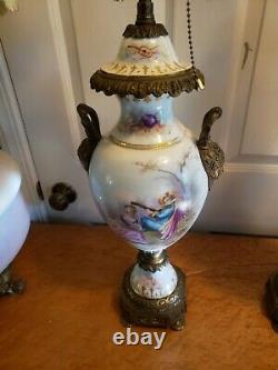 Pair Antique French Sevres Porcelain Urn Lamps Signed Magault
