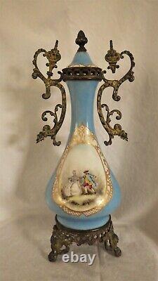 Pair Antique French Sevres Urns Bleu Celeste Bronze Signed Courting Scene -As Is