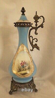 Pair Antique French Sevres Urns Bleu Celeste Bronze Signed Courting Scene -As Is