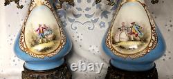 Pair Antique French Sevres Urns Bleu Celeste Bronze Signed Courting Scene -As Is