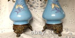 Pair Antique French Sevres Urns Bleu Celeste Bronze Signed Courting Scene -As Is