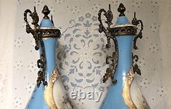 Pair Antique French Sevres Urns Bleu Celeste Bronze Signed Courting Scene -As Is