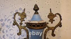 Pair Antique French Sevres Urns Bleu Celeste Bronze Signed Courting Scene -As Is