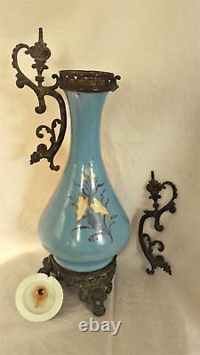 Pair Antique French Sevres Urns Bleu Celeste Bronze Signed Courting Scene -As Is