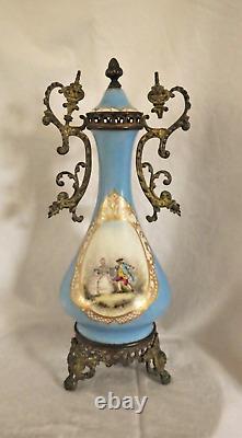 Pair Antique French Sevres Urns Bleu Celeste Bronze Signed Courting Scene -As Is