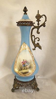 Pair Antique French Sevres Urns Bleu Celeste Bronze Signed Courting Scene -As Is