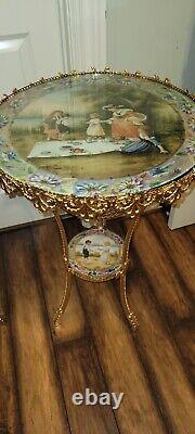 Pair Antique French Signed Limoge Porcelain Style Gilt Bronze Two Tiered Table