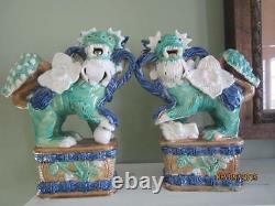 Pair Antique Glazed Pottery Handmade Foo Dogs