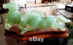 Pair Antique Hand Carved Artist Signed Chinese Celadon Aaa Gem Jade Horses