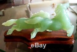 Pair Antique Hand Carved Artist Signed Chinese Celadon Aaa Gem Jade Horses