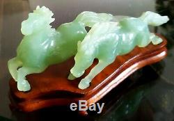 Pair Antique Hand Carved Artist Signed Chinese Celadon Aaa Gem Jade Horses