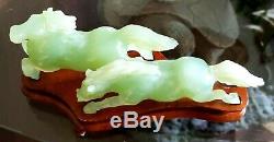 Pair Antique Hand Carved Artist Signed Chinese Celadon Aaa Gem Jade Horses