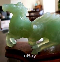 Pair Antique Hand Carved Artist Signed Chinese Celadon Aaa Gem Jade Horses