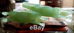 Pair Antique Hand Carved Artist Signed Chinese Celadon Aaa Gem Jade Horses