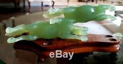 Pair Antique Hand Carved Artist Signed Chinese Celadon Aaa Gem Jade Horses