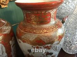 Pair Antique Japanese Hand Painted Kutani Porcelain Vase 11.5 signed