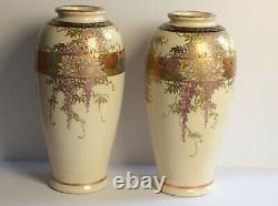 Pair Antique Japanese Meiji Taisho Satsuma Wisteria Vases 19th / 20th C Signed