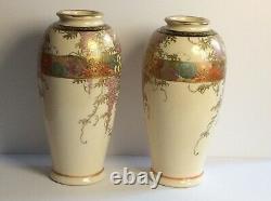 Pair Antique Japanese Meiji Taisho Satsuma Wisteria Vases 19th / 20th C Signed