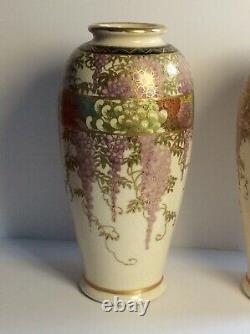 Pair Antique Japanese Meiji Taisho Satsuma Wisteria Vases 19th / 20th C Signed