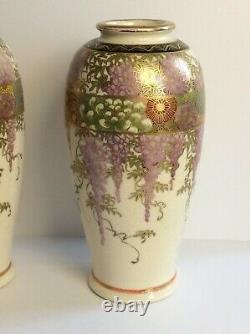 Pair Antique Japanese Meiji Taisho Satsuma Wisteria Vases 19th / 20th C Signed