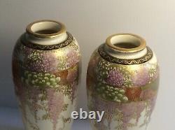 Pair Antique Japanese Meiji Taisho Satsuma Wisteria Vases 19th / 20th C Signed