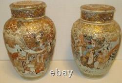 Pair Antique Japanese Satsuma Ginger Jars Warrior Figures Signed
