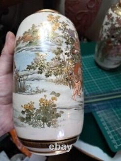 Pair Antique Japanese Satsuma Hand Painted & Gilded Vases Signed 7, 1/2