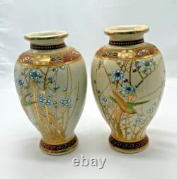 Pair Antique Japanese Satsuma Vases Moriage Gilt Birds Signed Kusube